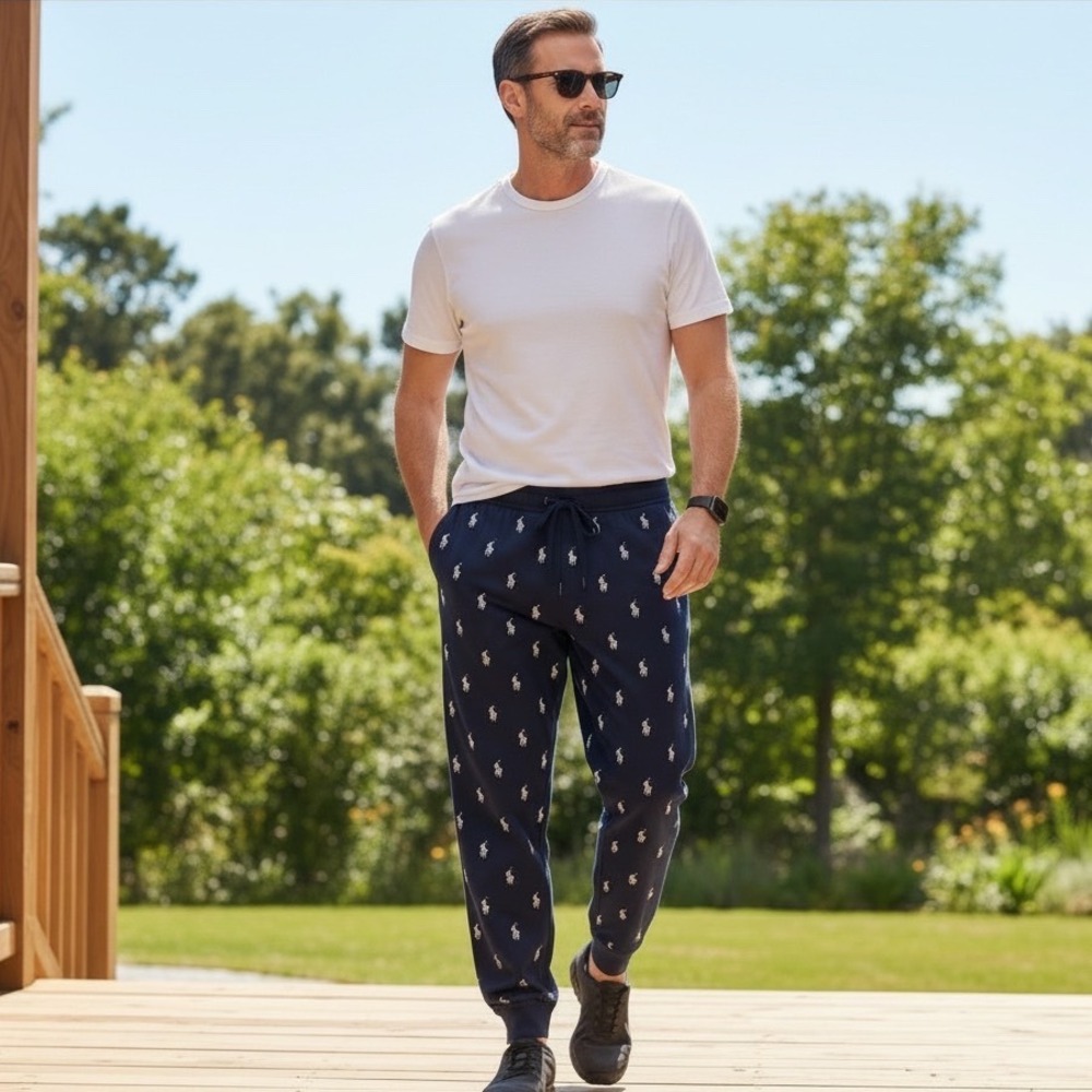 Polo Ralph Lauren Mens Navy Blue Allover Pony Logo Cotton Pajama Jogger Pants L